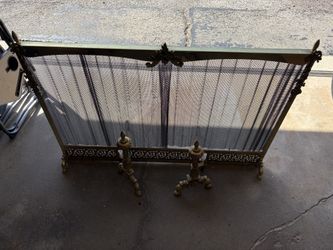 Vintage Brass Fireplace Andirons And Screen 