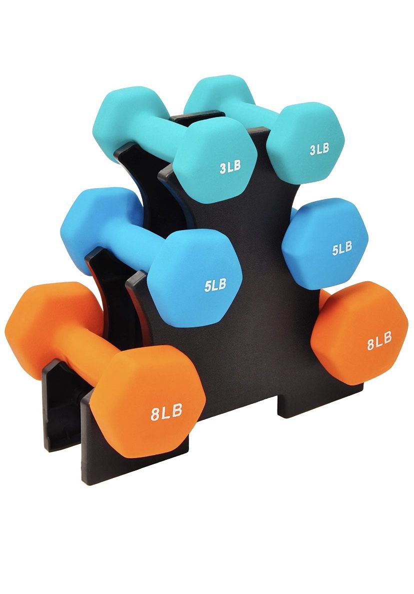 Dumbbells with rack stand 32LB dumbbell set 2 x 8LB 5LB & 3Lb pairs neoprene dumbbells weights weightlifting set. New in box