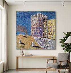 Mario Breda 1999 Original Impasto Oil Painting - Colorful Architectural Cityscape - Textured Canvas