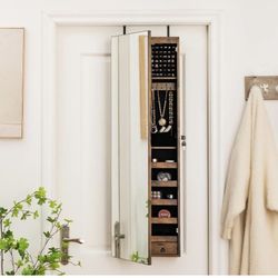 Giantex Wall Door Mounted Jewelry Armoire Cabinet with 47.5" H Full Length Mirror, 2 LEDs Lockable Jewelry Organizer Box with Bracelet Rod, 2 Drawers,