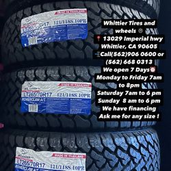 SET OF NEW TIRES LT265/70R17 ATLANDER AT , INCLUDING MOUNTING AND BALANCING. ASK ME FOR ANY SIZE OR BRAND, WE HAVE THE BEST PRICES OF CALIFORNIA