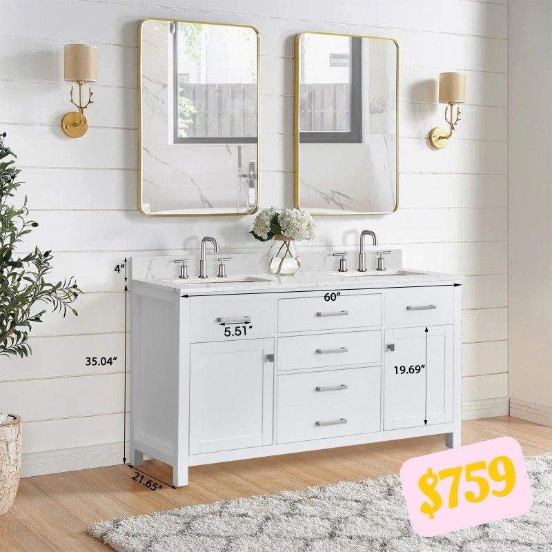 60-Inch White Double Sink Bathroom Vanity with Spacious Storage – Modern & Elegant Design,18060DWH 1。231