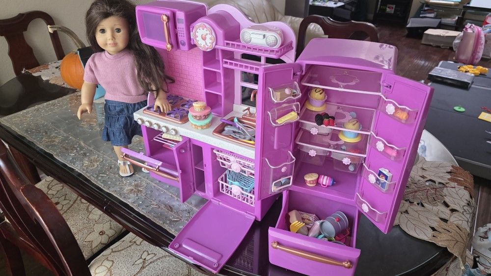 Amerrican Girl Doll And Our Generation Purple Kitchen & Refrigerator Set With Accessories