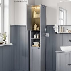 Tall Storage Cabinet with Lights, Slim Freestanding Cabinet with Adjustable Shelves, for Small Spaces, Bathroom, Living Room, Modern, 11.8 Inches Wide