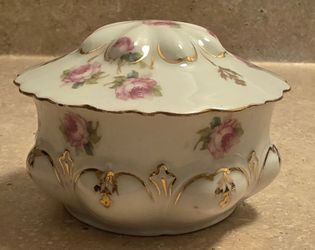 Antique MZ Moritz Zdekauer Austria Porcelain Trinket Jewelry Box White & Pink Floral
