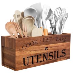 Extra Large Kitchen Utensils Holder with 4 Compartments, Wooden Utensil Organizer for Countertop, Farmhouse Kitchen Decor, Rustic Cooking Utensil 