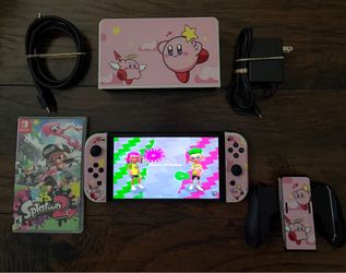 Nintendo Switch OLED All White Kirby Skin Plus Splatoon 2