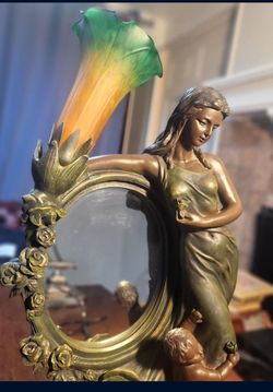 19" x 11" Vintage Art Nouveau Tiffany-Style Lily Shade Vanity Mirror Table Lamp