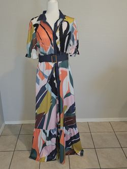 Brand New Colorful abstract Print Maxi Shirt Dress With Belt