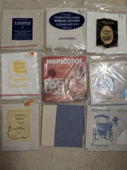 Vintage Cross Stitch Fabric Lot 9 pcs- Hopscotch, Linen & Blends