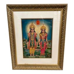 Vintage Hindu Devotional Print of Shri Narayan & Shri Lakshmi with Ornate Gilded Frame