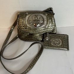 Kathy Van Zeeland Brown Patent Crocodile Crossbody Mini Purse With Coin/Card.