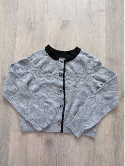 Vintage Style Grey Knit Cardigan Sweater 🩶 Contrast Black Trim & Gold Buttons (Size S)