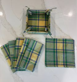 Vintage Green Squares Fabric Napkin Holder and #6 Napkins