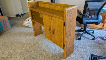 Oak Wood Desk with Cabinet and Shelf