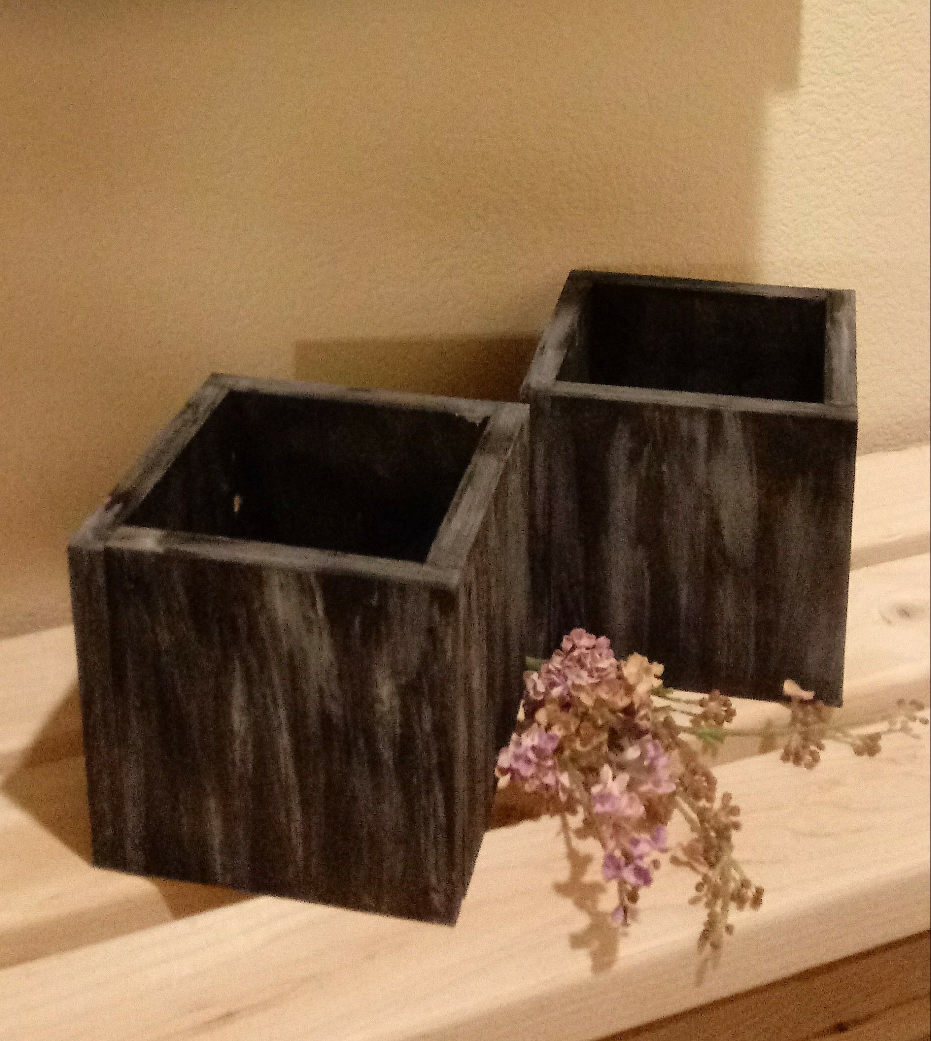 6"H X 6"W X 6"D (2 Pcs.) 🍁Wood Planter/Utensil Holder ::: Rustic Distressed Black/Silver