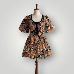 Gorgeous Floral Tapestry Corset Lace-Up Mini Dress