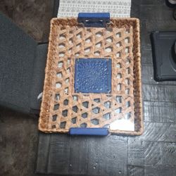 WOVEN LARGE TRAY WITH BLUE ACCENTS 