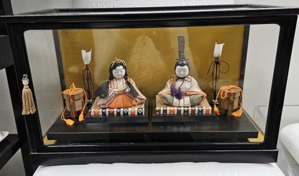 RARE Vintage Japanese Edo Kimekomi Hina Foll Set By Master Kazutide Kimura  W/Wooden Glass Display Case