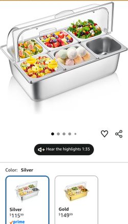 Countertop Food Serving Display Container Clear Roll Top Cover 6 Pan Stainless Steel Ice Food Buffet Server Salad Bar Pizza Topping Station Condiment