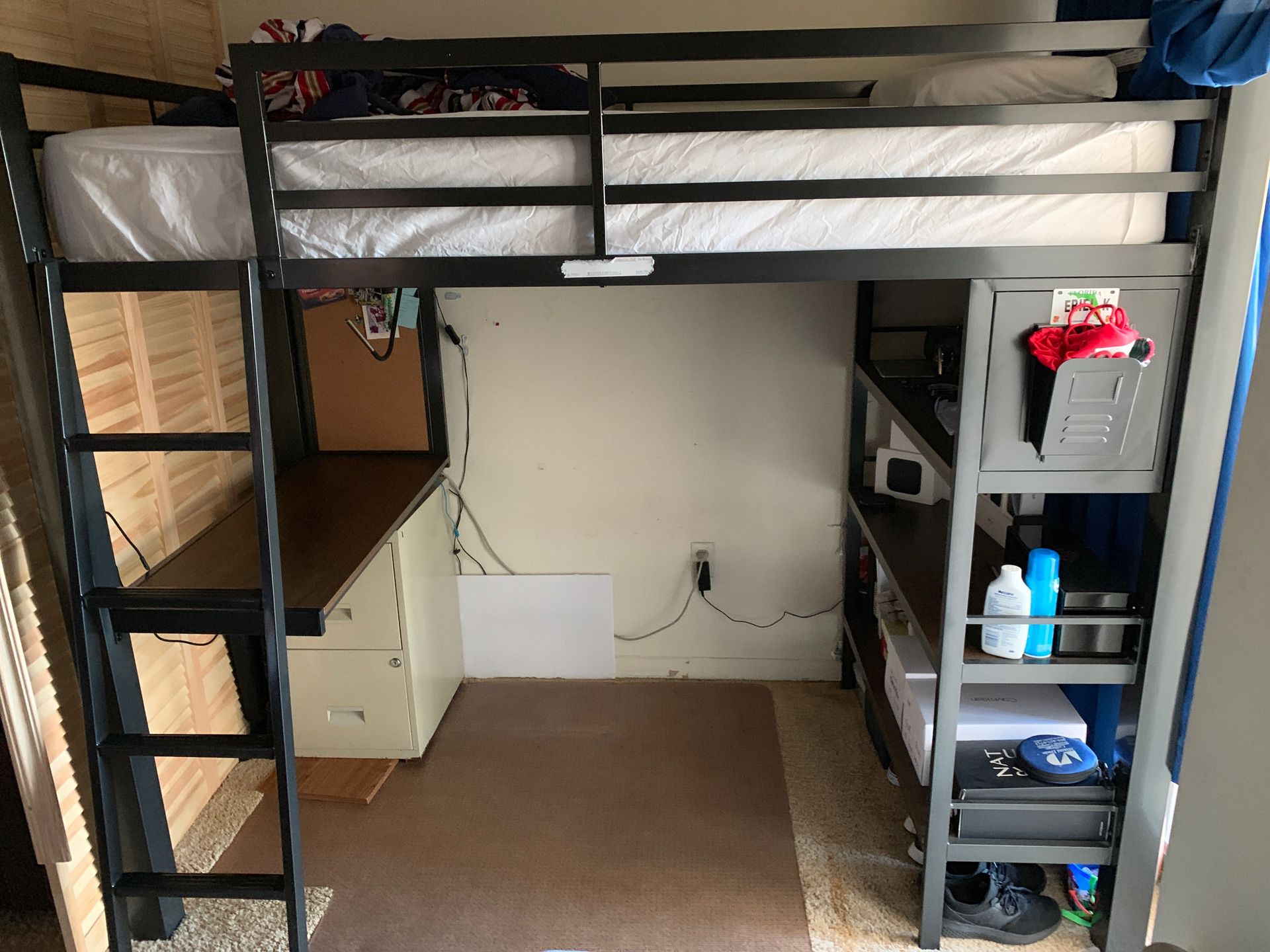 Bed Frame with ladder and desk with 3 shelfs