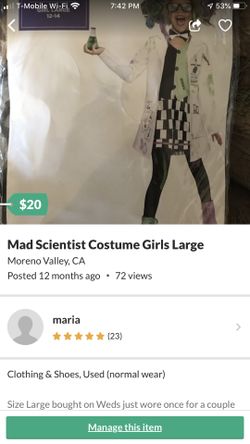 Girls size large Mad Scientists costume