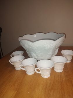 Milk Glass Punch Bowl with 6 cups