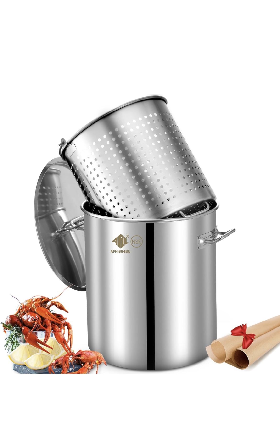 ARC 64-Quart Stainless Steel Seafood Boil Pot with Basket and Two Brown Paper, Crawfish, Crab, Lobster, Shrimp Boil Stock Pot with Strainer, Turkey