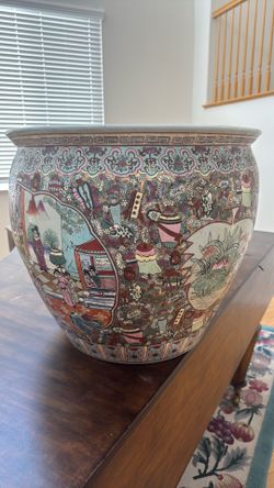 Antique Chinese Famille Rose Porcelain Fishbowl Planter, 20”, Hand Painted, Qing Dynasty, with Rosewood Stand 