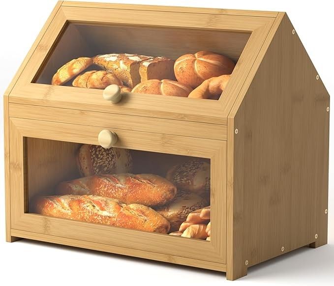 Bamboo Bread Box and Bread Storage Solution, Vintage Bread Box for Kitchen Countertop, Large Durable Wood Color Double Layer Bamboo Breadbox