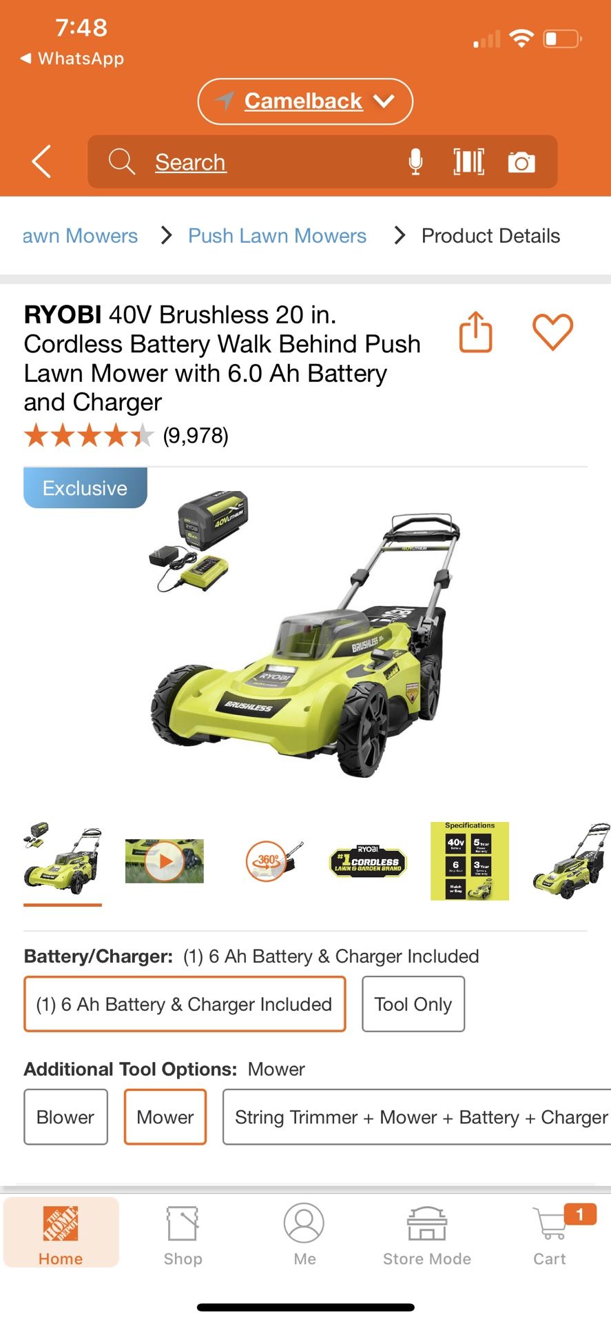 RYOBI 40V Brushless 20 in. Cordless Battery Walk Behind Push Lawn Mower with 6.0 Ah Battery and Charger