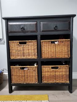 Black Wood Storage Cabinet with Wicker Baskets