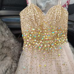 Dusty GOLD sparkle Prom Dress DAVID'S BRIDAL sz 2 Jewel BLING Rhinestones