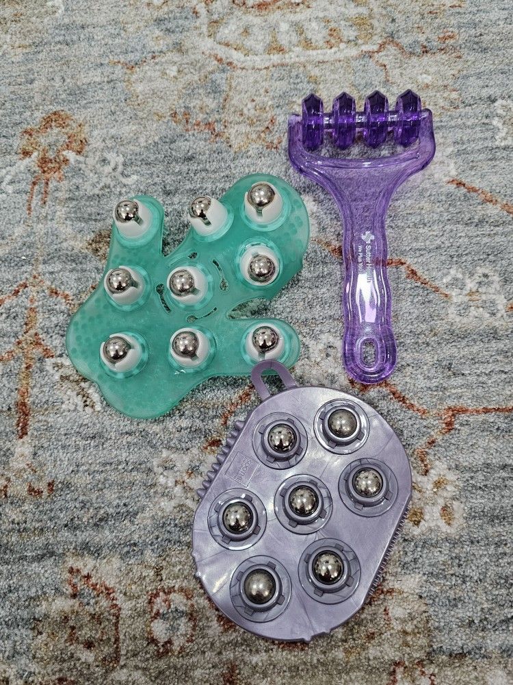 3 barely used handheld massage rollers, scratcher