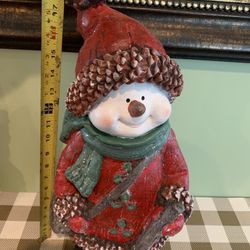 New Heavy Cast Material Christmas Snowman Decoration W/ Detailed Face & Clothing, Has Shovel In Hand