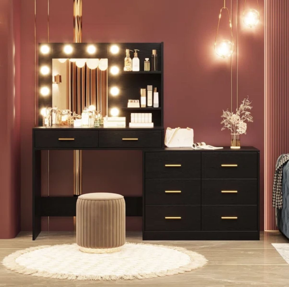 Brand New Black Vanity/Dresser & Stool
