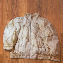 Retro Full Zip Windbreaker Jacket Cream Gold Geometric Indie Size M