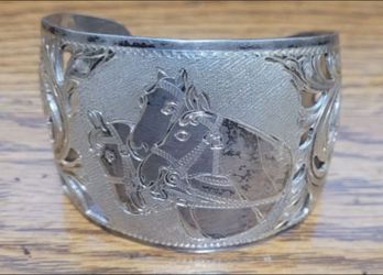 Bracelet Sterling Vintage ( Video) Silverado Silver smiths  Equestrian Cuff-1.75" Wi Ornate Design