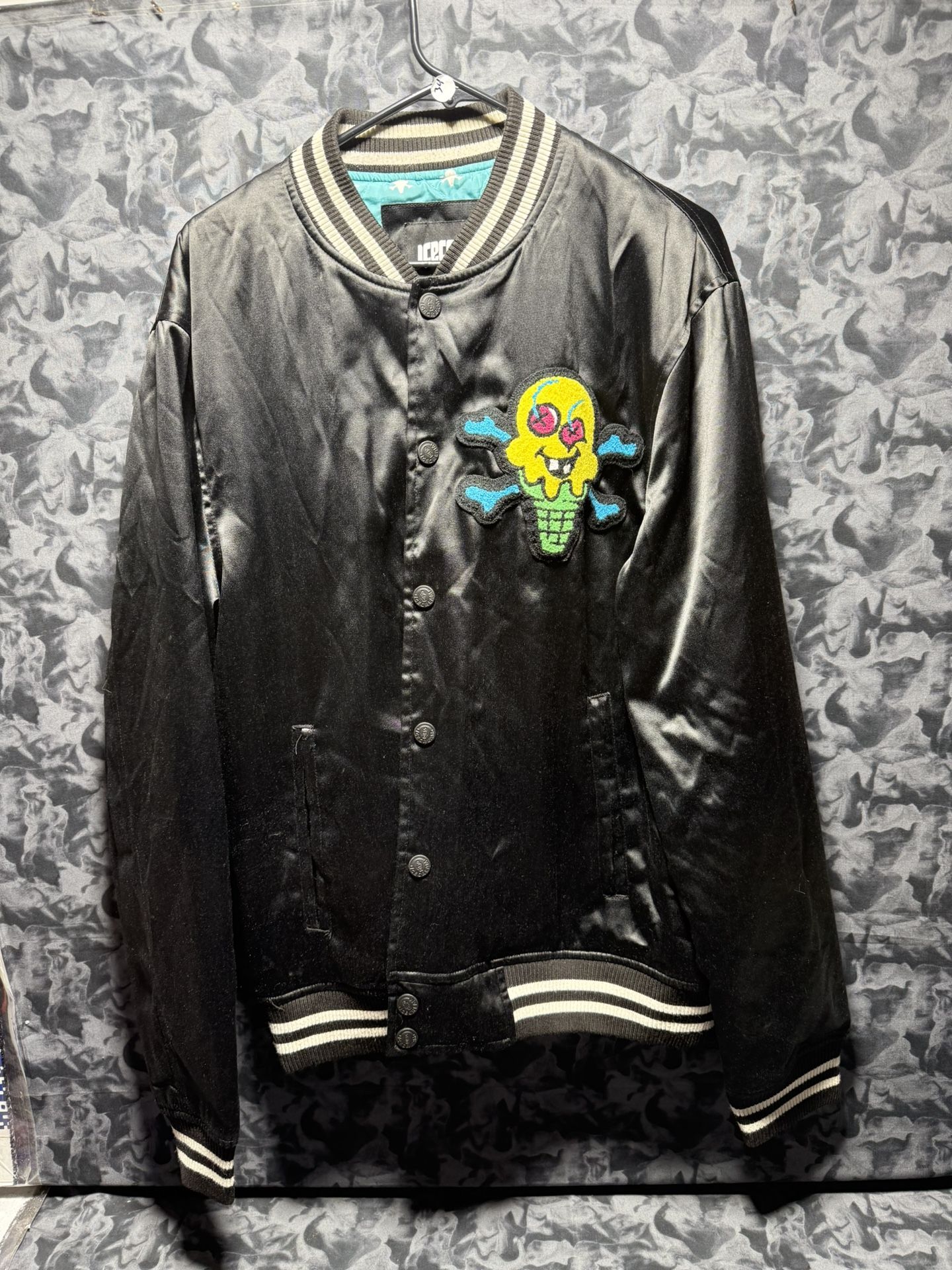 Billionaire Boys Club Bomber Jacket BBC Ice Cream Pharrell Size XL Mens/Womens The SS22 Ice Cream Cone Logo Bones Black Satin Bomber Jacket Coat in s