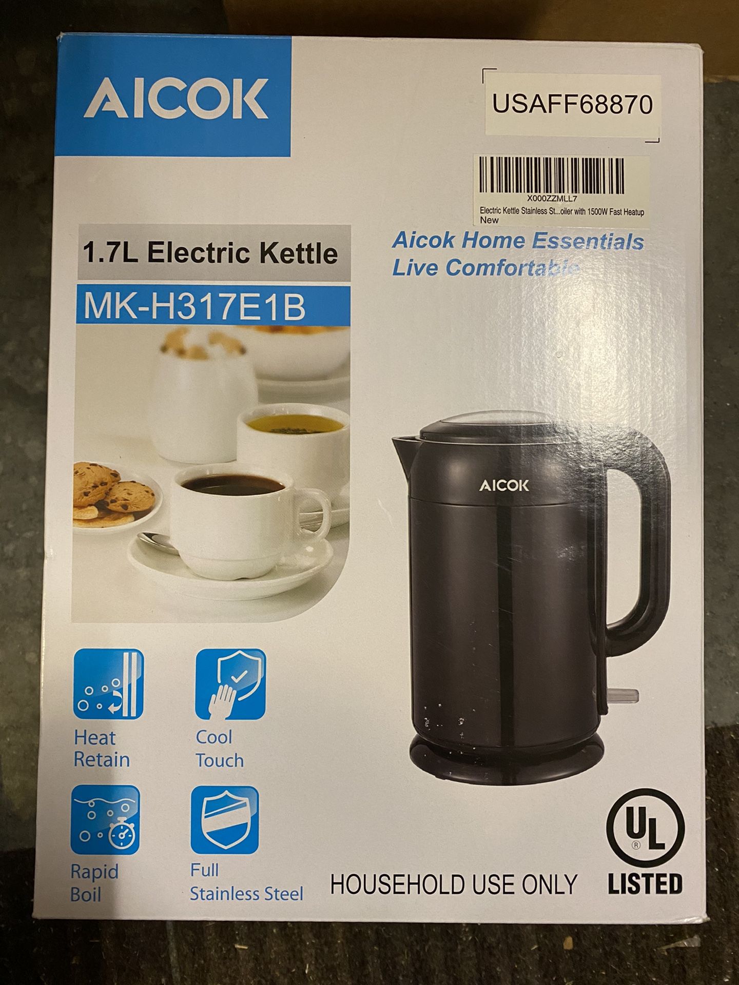 Electric Kettle Double Wall Cool Touch, Stainless Steel Interior (Non-Plastic Touch Water) 1.7 Liter Auto Shut Off 1500W, Bright Black