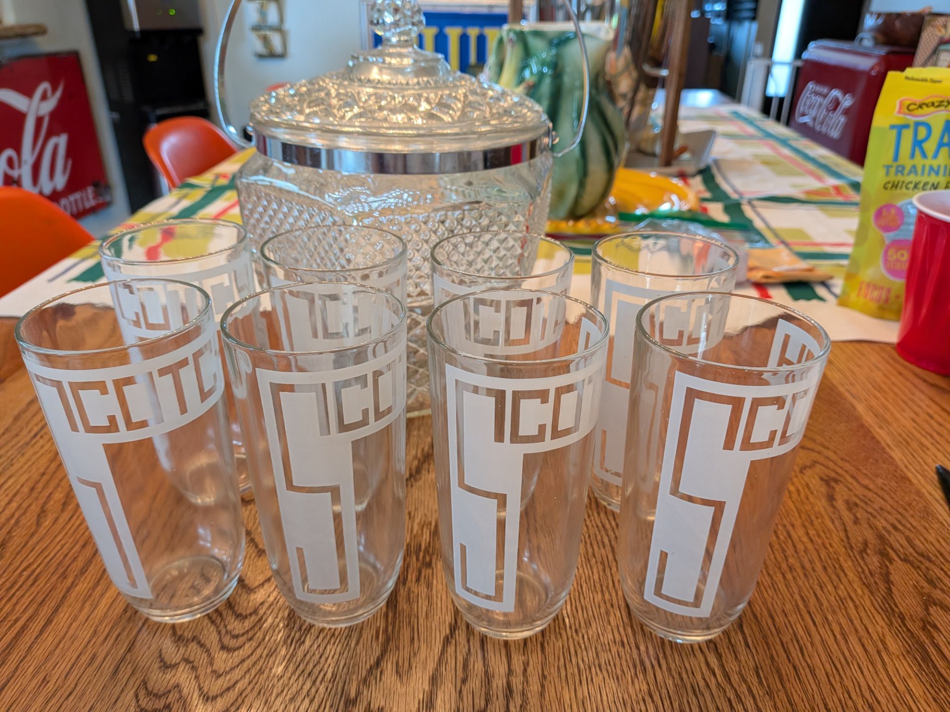 Mid century, art deco, MCM, space age atomic set of 8 frosted scotch glasses and a fab diamond cut pattern glass ice bucket, retro barware, bar ware