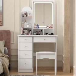 FUFU&GAGA Vanity Set with Rectangular Mirror, Makeup Vanity Dressing Table with 5 Drawers, Shelves, Dresser Desk and Cushioned Stool Set (KF210106-03H