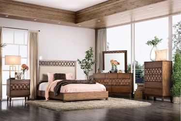 Chestnut Brown (4) Piece Bedroom Set with Fabric Headboard & Honeycomb Detail - QUEEN OR KING (NO CREDIT CHECK FINANCING AVAILABLE)