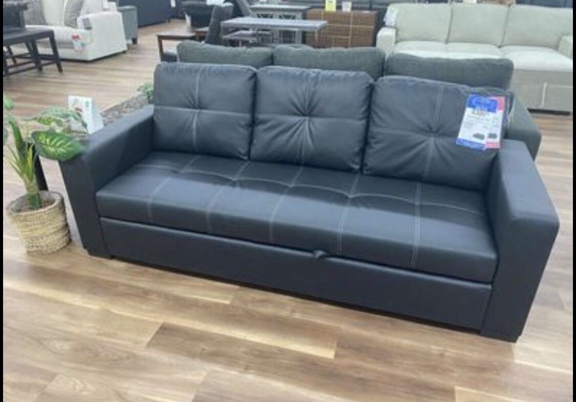 New Black Faux Leather Sofa With Pull Out Bed Couch