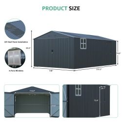Upgraded 13x20FT Outdoor Storage Shed, Large Metal Garage Shed with Two Windows and Two Translucent Panels for Car, Truck, Bike, Lawnmower, Backyard T