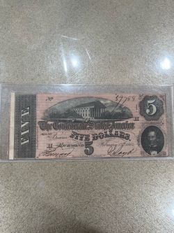 $5 Confederate States America 1864 Currency Civil War Era