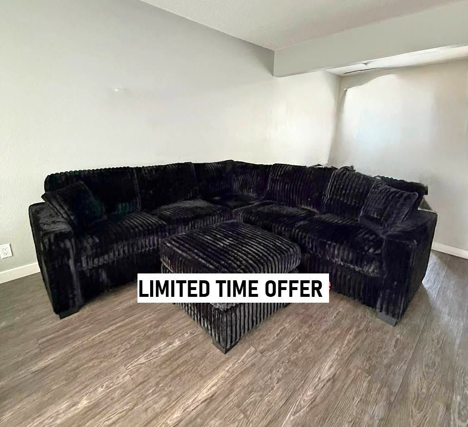 Black Corduroy Chenille 4 Pc Sectional Sofa set with Ottoman