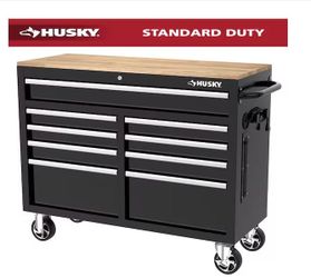 Husky Tool Storage 46" 9-Drawer Mobile Workbench in Gloss Black