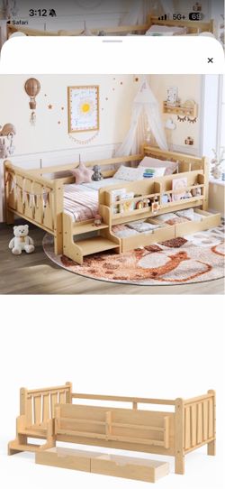 Kids Wooden Bed Frame with Storage Drawers