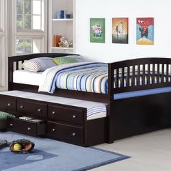 Full Size Captain Bed Frame Espresso Finish With Twin Trundle Bed